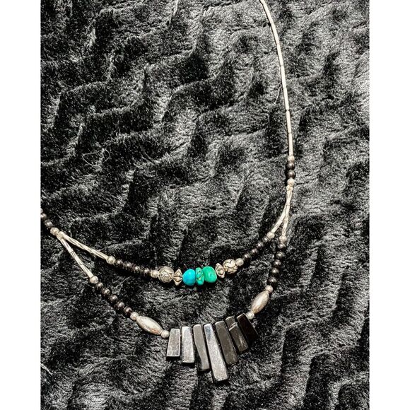 Double Strand Silver Wire, Black & Turquoise Bead Necklace w Glass Stepped Bars - Picture 2 of 3